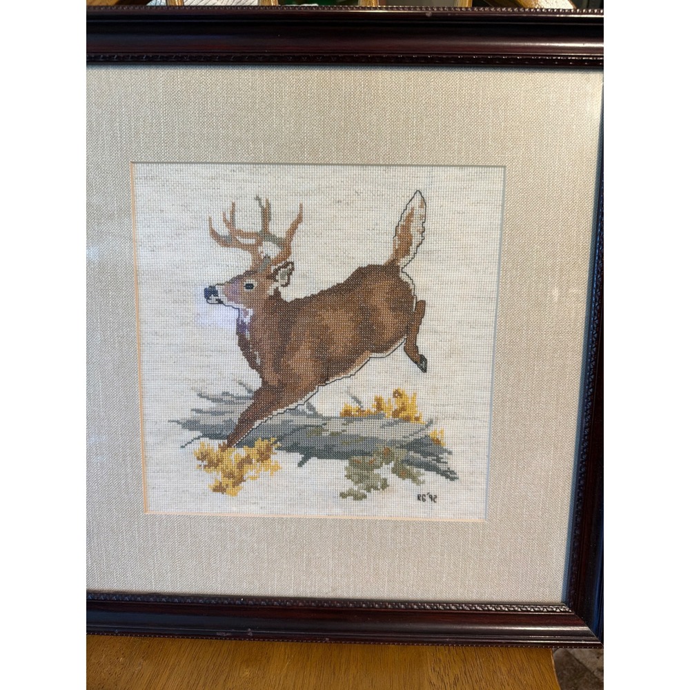 Vintage Hand Stitched Needlepoint Framed Deer Wildlife Art Signed 1992 Buck